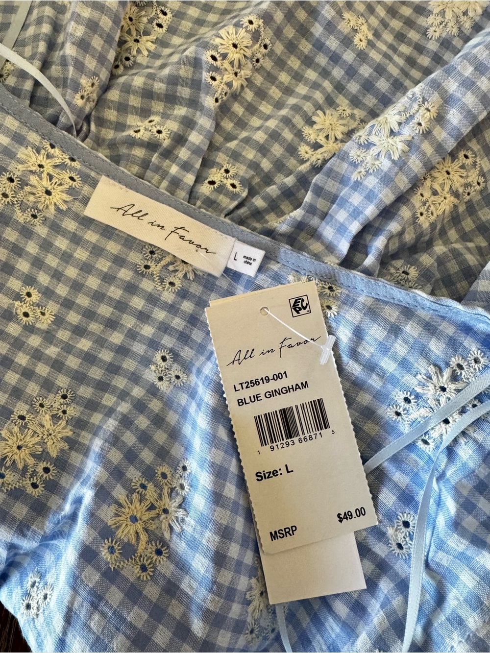 NWT All In Favor light blue gingham top L - Picture 9 of 14